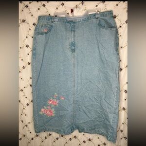 Susan Bristol Light Blue Denim Skirt with Pink Floral Embroidery